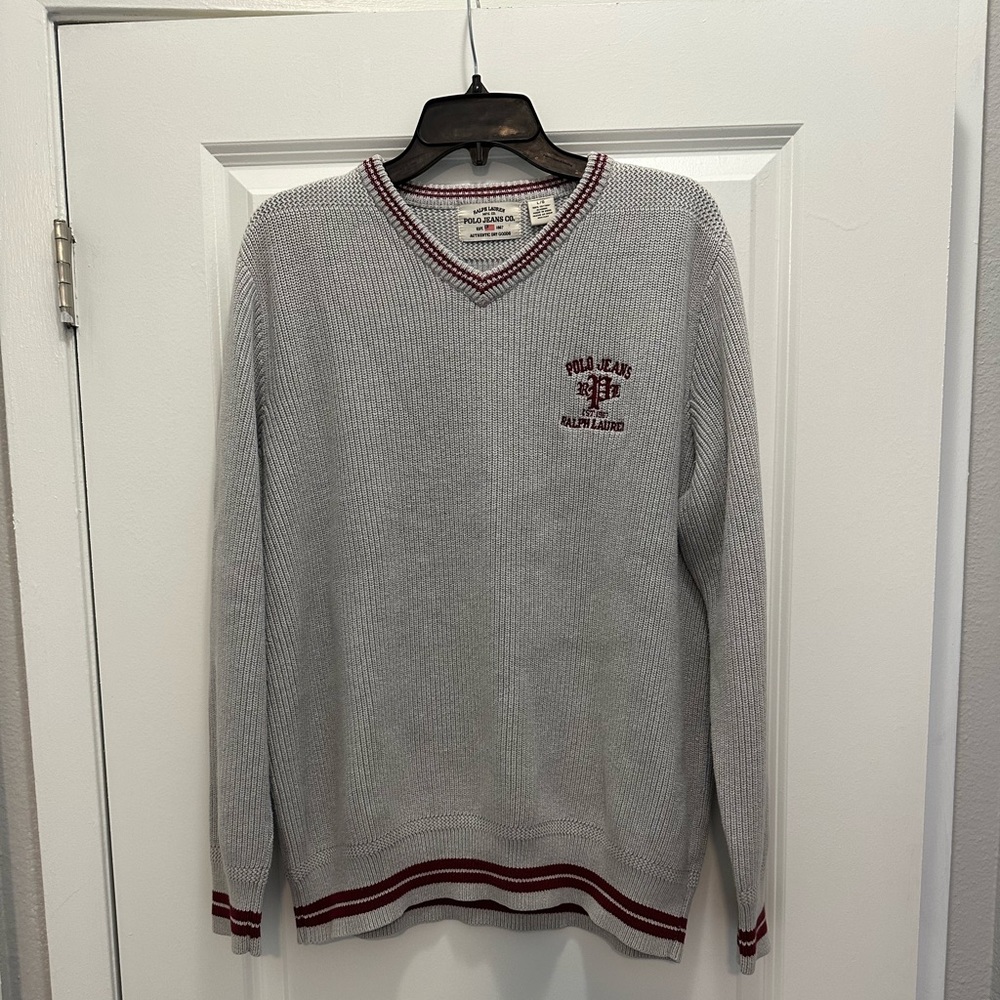 Polo by Ralph Lauren Light Gray V-Neck Sweater with Maroon Trim